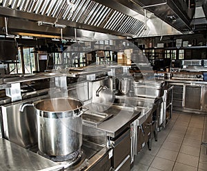 Professional kitchen, view counter in stainless steel