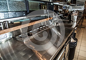 Professional kitchen, view counter in stainless steel