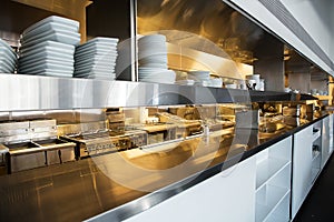 Professional kitchen, view counter in steel