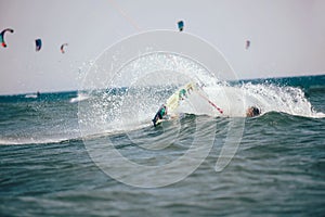 Professional kiter makes the difficult trick on a beautiful background.