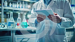 A professional in a laboratory using a digital tablet for real-time data