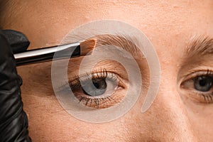 professional lamination procedures of female eyebrows in beauty salon. Close-up