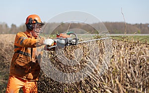 Professional landscaper gardener man worker in uniform and hearing protection headphones trimming hedgerow