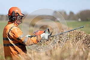 Professional Landscaper in uniform and hearing Protection Headphones trimming hedgerow with Gas Powered Clipper