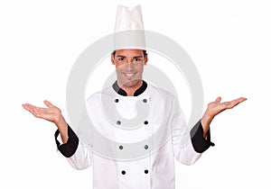 Professional latin chef holding up his palms