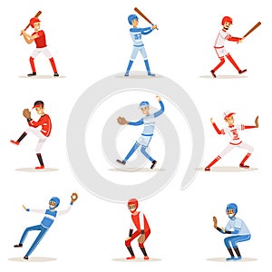 Professional League Baseball Players On The Field Playing Baseball, Sportsmen In Uniform Set Of Vector Illustrations.