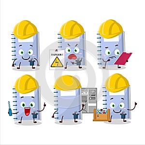 Professional Lineman blue book cartoon character with tools