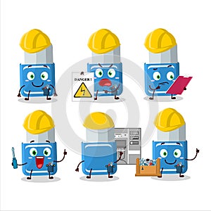 Professional Lineman blue eraser cartoon character with tools