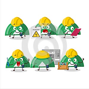 Professional Lineman green arc ruler cartoon character with tools