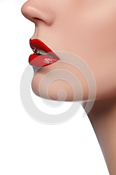 Professional lips make-up. Lipgloss and brush. Lipstick. Beauty girl applying lip gloss. lips. Beauty red lip makeup