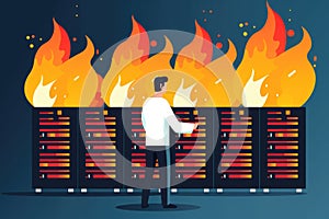 professional looking at an array of servers and fire. symbolizes technological progress, computer security, and risk pro