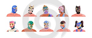 Professional lucha libre wrestlers set. Wrestling fighter in traditional mexican masks for fight show. Men and women