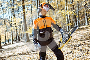 Professional lumberjack in the forest