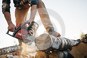 Professional lumberman sawing trees on sawmill