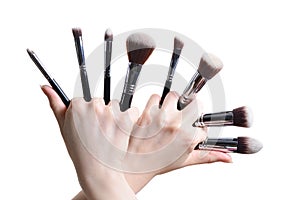 Professional make-up brush cosmetic in female hand beautician is