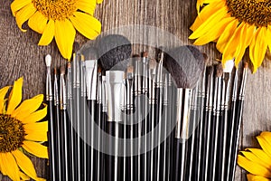 Professional Make up brushes next to beautiful wild flowers