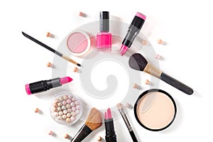 Professional make-up design template on a white background. Brushes, lipstick and other products, a flat lay frame