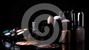 Professional make-up products with black backdrop . Luxury beauty industry accessories