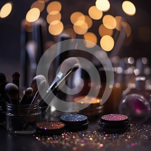 Professional make-up products with black backdrop . Luxury beauty industry accessories