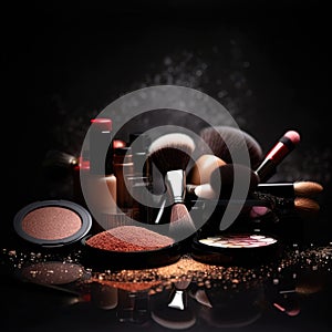 Professional make-up products with black backdrop . Luxury beauty industry accessories