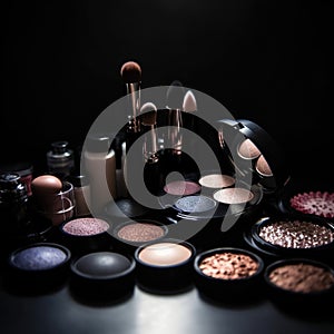 Professional make-up products with black backdrop . Luxury beauty industry accessories