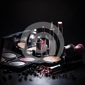 Professional make-up products with black backdrop . Luxury beauty industry accessories