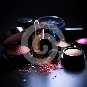 Professional make-up products with black backdrop . Luxury beauty industry accessories