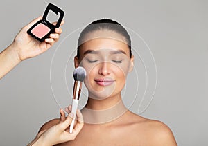 Professional makeup artist apply blush on woman cheeks