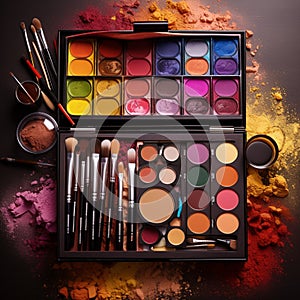 Professional makeup artist's kit with vibrant colors and textures