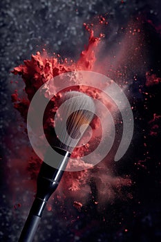 professional makeup brush with red powder isolated on black background. Art of visage. generative AI