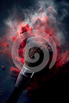 professional makeup brush with red powder isolated on black background. Art of visage. generative AI