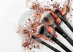 Professional Makeup Brushes and Crushed Powder on White. Generative ai