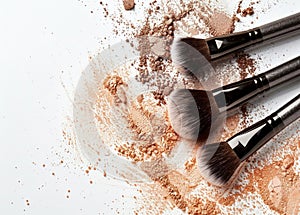 Professional Makeup Brushes and Crushed Powder on White. Generative ai