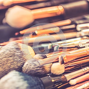 Professional makeup brushes and tools closeup