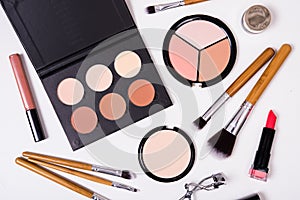 Professional makeup tools, flatlay on white background