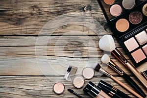 Professional makeup tools. Makeup products on wooden background.