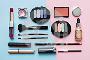 Professional makeup tools. Top view. Flat lay. Beauty, decorative cosmetics. Makeup brushes set and color eyeshadow