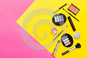 Professional makeup tools. Top view. Flat lay. Beauty, decorative cosmetics. Makeup brushes set and color eyeshadow