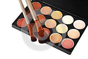 Professional makeup tools on white background, palette for makeup and cosmetic brushes