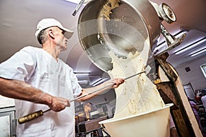 Professional male Baker mix dough with professional kneader machine at the manufacturing. Equipment for making flour products