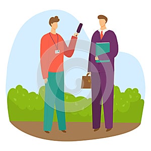 Professional male character reporter hold microphone interview businessman with diplomat flat vector illustration