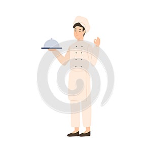 Professional male chef holding serving plate vector flat illustration. Happy kitchener in white uniform enjoying tasty