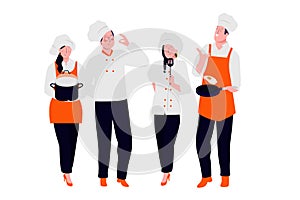 Professional male and female chefs work together cooking baking serving for customers with modern flat vector