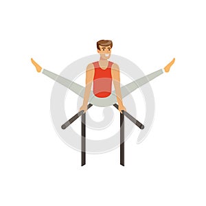 Professional male gymnast training on parallel bars. Cheerful strong man character in sportswear. Olympic sport or