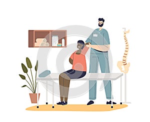 Professional male osteopath making massage to woman sitting on table. Rehabilitation therapy