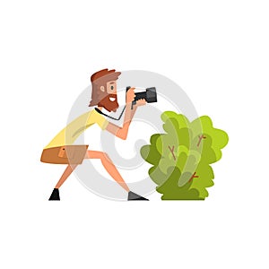 Professional male photographer paparazzi with camera hiding in ambush and making sensational shot vector Illustration on