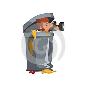 Professional male photographer paparazzi hiding in rubbish bin with photo camera vector Illustration on a white