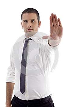 Professional male showing stopping gesture