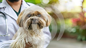 Professional male veterinarian holding a dog in clinical interior with copy space, pet care concept