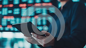 Professional man analyzing financial data on tablet in modern office environment